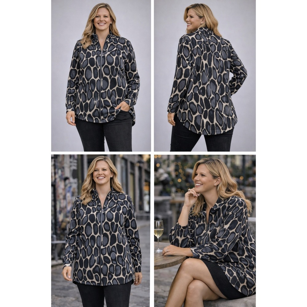 Sun Kim Taylor Jacket Womens Small Black Gray Giraffe Animal Print Zip Front